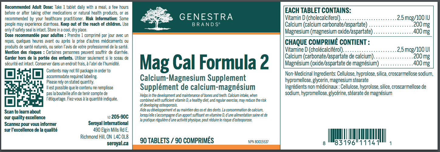 Genestra Brands Magnesium Calcium Formula 2, 90 Tablets - Helps in Development of Bones & Teeth, Important For Ear - Nose - Throat And Respiratory System Remedy, Supports Intestinal Mucosa - Nature's Source Inc